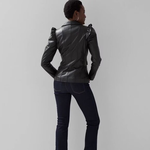 WHBM $500 Genuine Leather Motorcycle Moto Jacket Ruffled Shoulders M - Picture 6 of 12